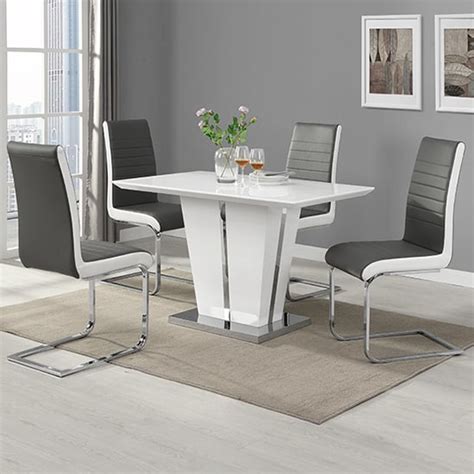 Memphis Small White Gloss Dining Table Symphony Grey Chairs
