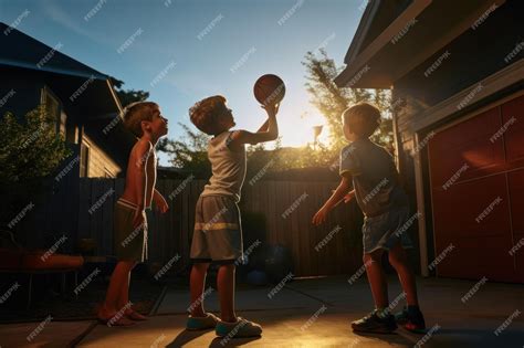 Premium Ai Image Happy Kids Playing Basketball At The Driveway Of