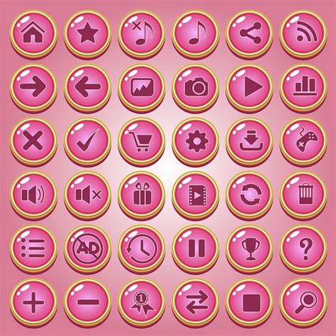 Buttons Icon Set Design Deluxe Shape Color Pink For Game Premium Vector