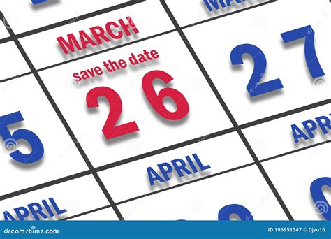 March 26th Day 26 Of Month Date Marked Save The Date On A Calendar