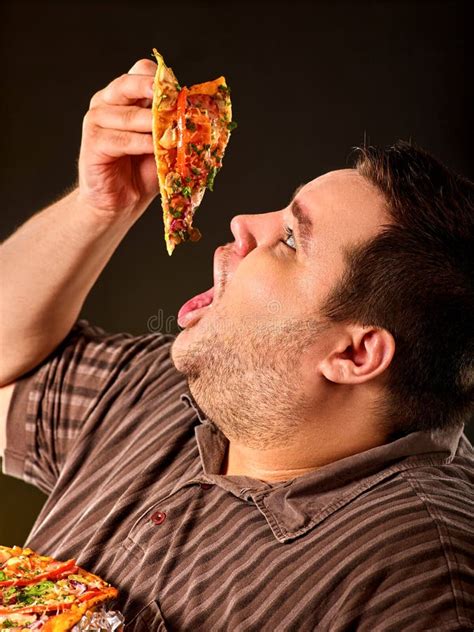 Fat Man Eating Fast Food Slice Pizza Breakfast For Overweight Person
