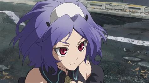 An Anime Character With Purple Hair And Red Eyes