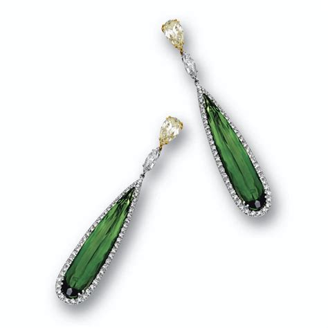 264 Pair Of Green Tourmaline And Diamond Pendant Earrings