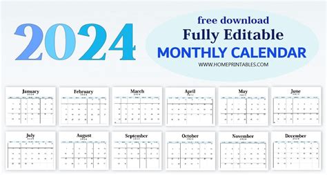 Editable Calendar 2024 In Word Template Free Instant Download