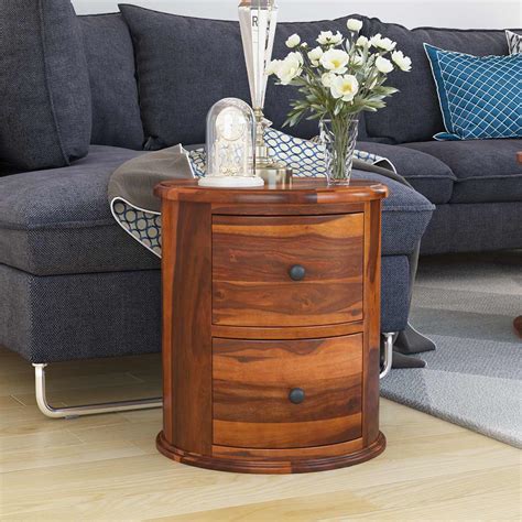 Friant Rustic Solid Wood 2 Drawer Round End Table
