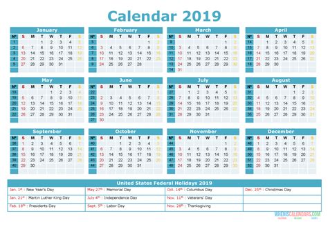 Printable Yearly Calendar 2019 With Holidays As Pdf And Image