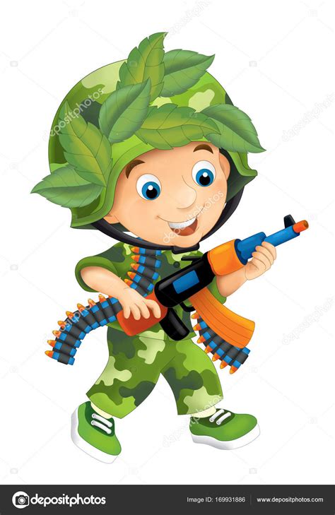 Cartoon Scene Happy Kid Dressed Soldier Colorful Illustration Children