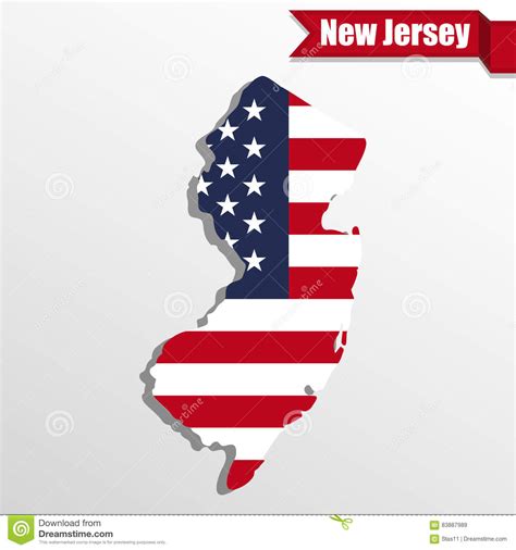 New Jersey State Map With Us Flag Inside And Ribbon Stock Vector