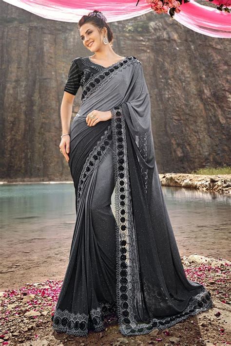 Grey To Black Swarovski Heavy Work Party Wear Saree Sarees Designer Collection
