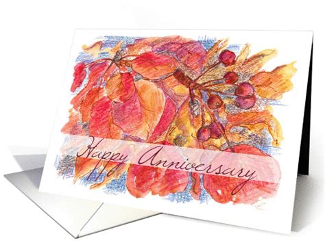 Happy Anniversary Autumn Leaves Berries Botanical Illustration Card