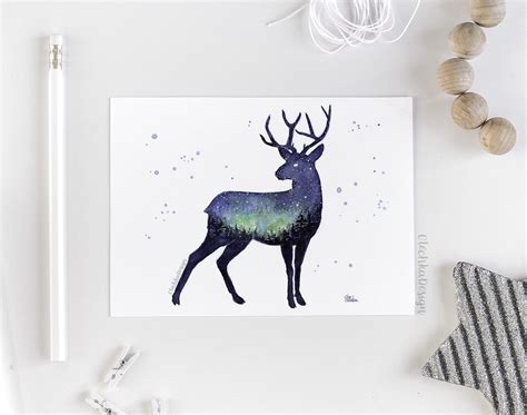 Deer Art Print Deer Wall Art Watercolor Galaxy
