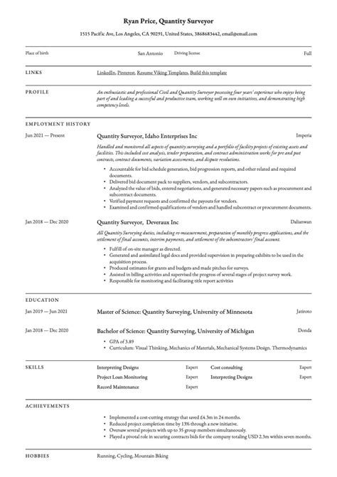 Quantity Surveyor Resume And Writing Guide 20 Templates Pdf And Word