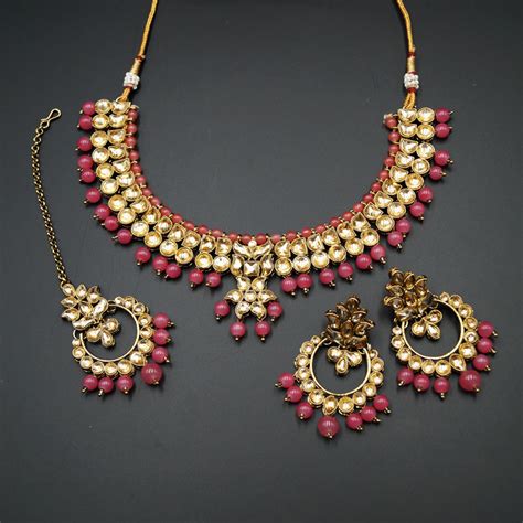 Jami Gold Kundancoral Beads Necklace Set Antique Gold Indian