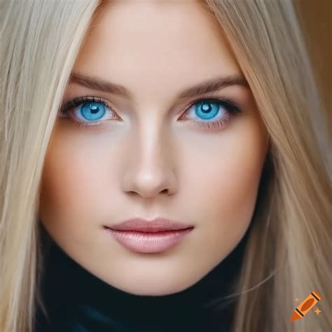 Portrait Of A Stunning Blonde Woman With Blue Eyes And A Turtleneck