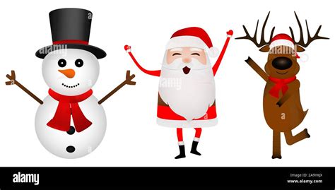 Cartoon Funny Santa Claus Reindeer And Snowman Dancing Isolated On White Stock Vector Image