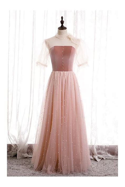 Retro Nude Pink Tulle Party Dress Beaded With Bow Knot Tulle Sleeves