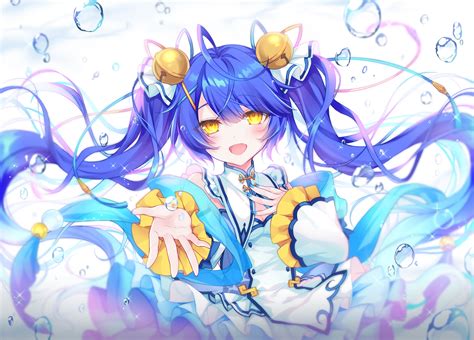 2980 Amamiya Kokoro Bell Blue Hair Blush Bubbles Dress Fang Long Hair Nijisanji Twintails Yellow