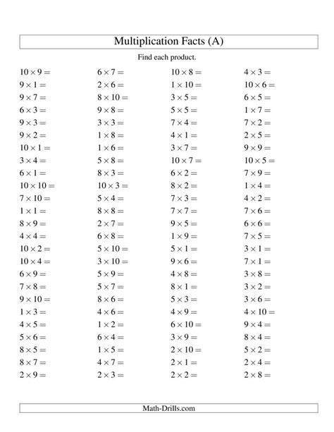 Multiplication with multiples of ten. 100 Horizontal Questions -- Multiplication Facts to 100 (A) Multiplication Worksheet
