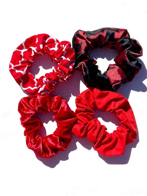 Red Scrunchies Pack Of 4 Velvet Cotton Satin Etsy