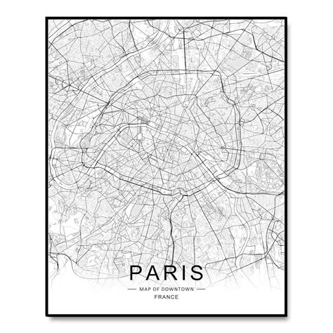 Paris City Downtown Map Wall Art Paris Street Map Print Paris Map Decor City Road Art Black And