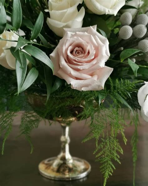 Blush Dusty Rose White Blooms Wedding Flowers Compote Vase Arrangement