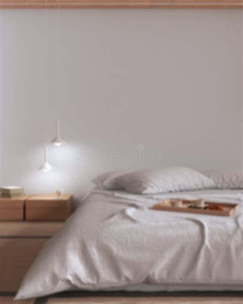 Blurred Background Japandi Bedroom Mock Up Bed With Pillows Japanese