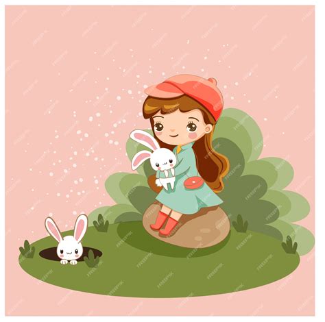 Premium Vector Cute Girl And Her Rabbit Friend