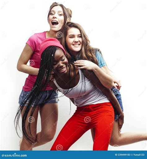 Diverse Multi Nation Girls Group Teenage Friends Company Cheerful Having Fun Happy Smiling