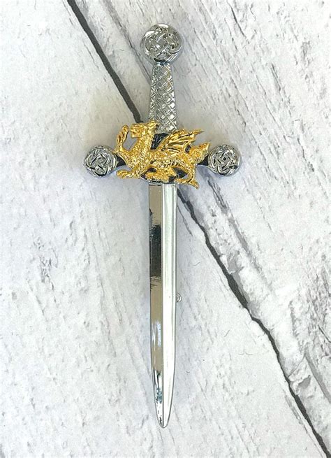 Chromegold Dragon Sword Kilt Pin Welsh Tartan