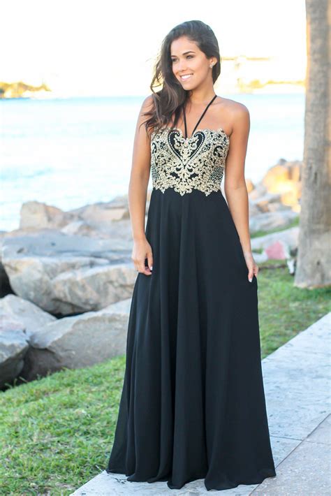 Black And Gold Maxi Dress With Embroidered Top Maxi Dresses Saved
