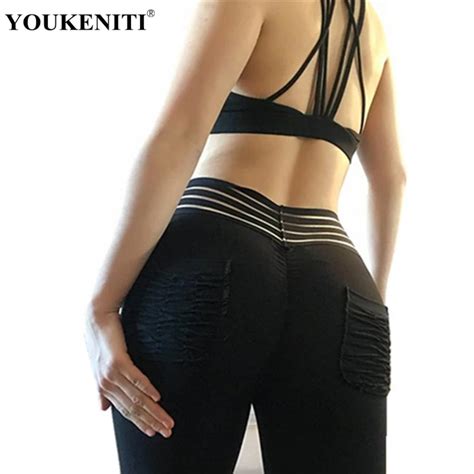 2018 new women yoga pants back pockets fitness training sexy high waist push up scrunch booty