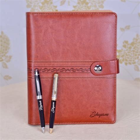 Brown Personalized Faux Leather Notebook And Pen Hamper Tsend Home