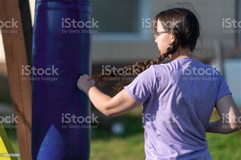 Girl Punching Sandbag Muaythai Boxing Training Healthy Girl Punching At