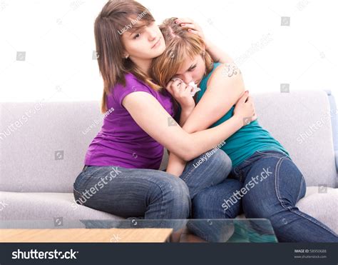 Portrait Girl Comforting Her Sad Friend Stock Photo