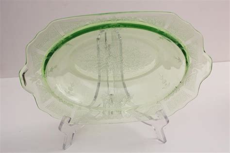 Vintage Uranium Green Depression Glass Oval Bowl Princess Pattern