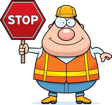 Cartoon Road Worker Stop Sign Stock Vector Illustration Of Worker