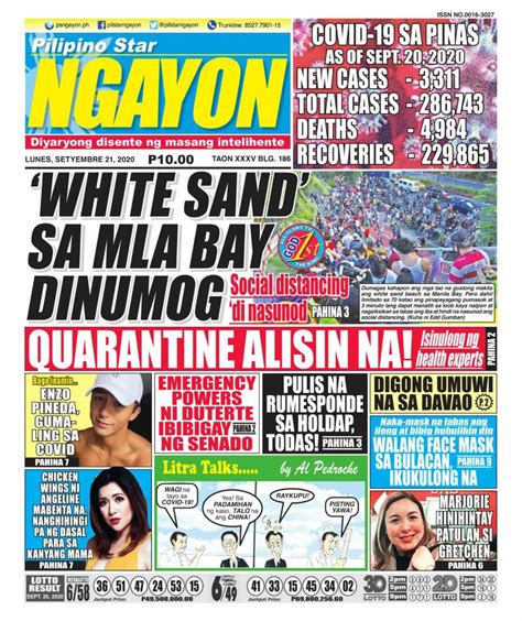 Pilipino Star Ngayon September 21 2020 Newspaper