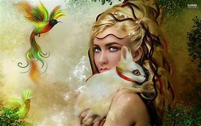 Rabbit Fantasy Wallpapers Bird Paradise Woman Blonde