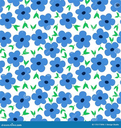 Ditsy Floral Pattern With Cute Small Blue Flowers With Green Leaves On