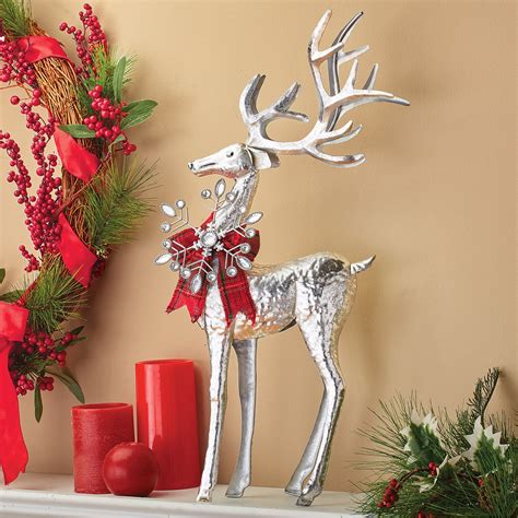 Metallic Silver Finish Holiday Deer With Red Bow Tabletop Decor