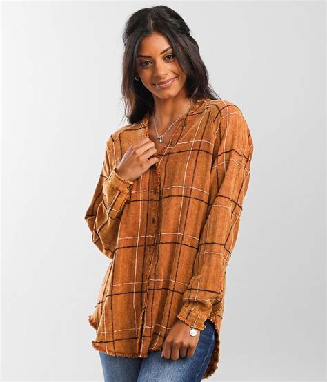 Mystree Washed Plaid Shirt Women S Shirts Blouses In Red Pepper Buckle