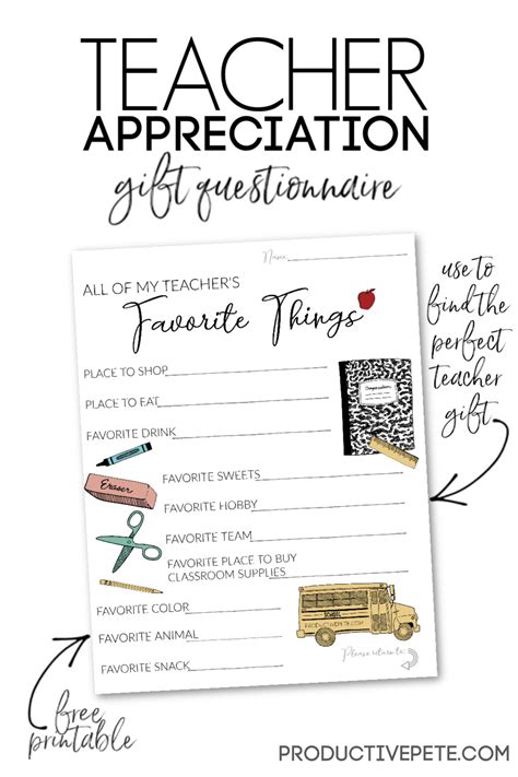 Teacher Appreciation T Questionnaire Printable For Back To School