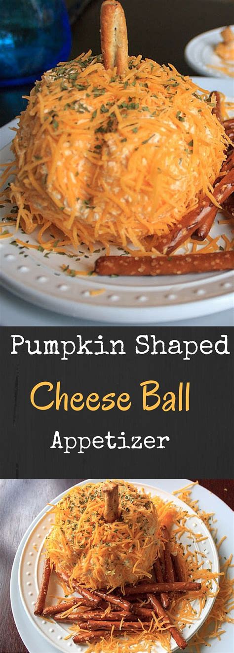 Pumpkin Shaped Cheese Ball Appetizer On A White Plate With Text Overlay