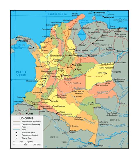 Political And Administrative Map Of Colombia With Roads And Major