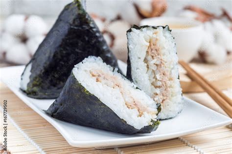 Korean Triangle Kimbap Samgak With Nori Rice And Tuna Fish Similar To Japanese Rice Ball