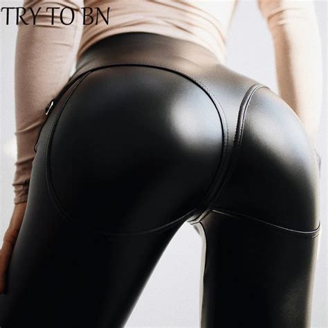 TRY TO BN High Waist Gothic Black PU Leather Leggings Women Front