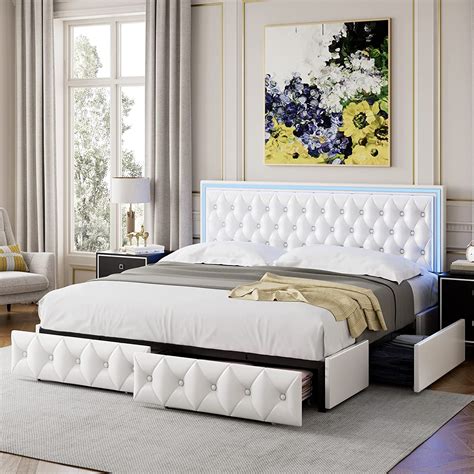 Keyluv Queen Upholstered Led Bed Frame With 4 Drawers Pu