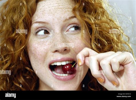 Woman Cherry Nibble Facial Play Lay View Side View Portrait Women S Portrait Redheads