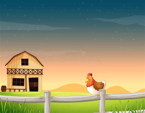 Farm Scene In Nature With Barn And Chicken Stock Vector Illustration
