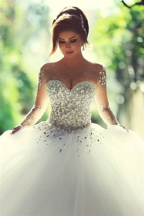 2016 Sheer Sweetheart Crystal Ball Gown Wedding Dresses Lace Up Long